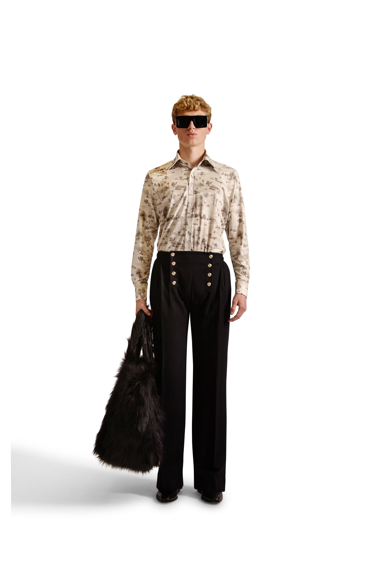 Detail of the pointed collar and elegant button mitered cuffs on the exclusive monogram print tailored fit shirt by Helen Anthony.