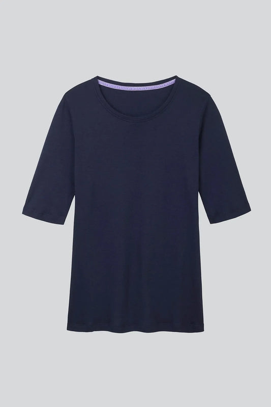 Close-up view of soft and lightweight women’s cotton modal blend crew neck t-shirt, highlighting premium fabric quality and contemporary half sleeve cut.