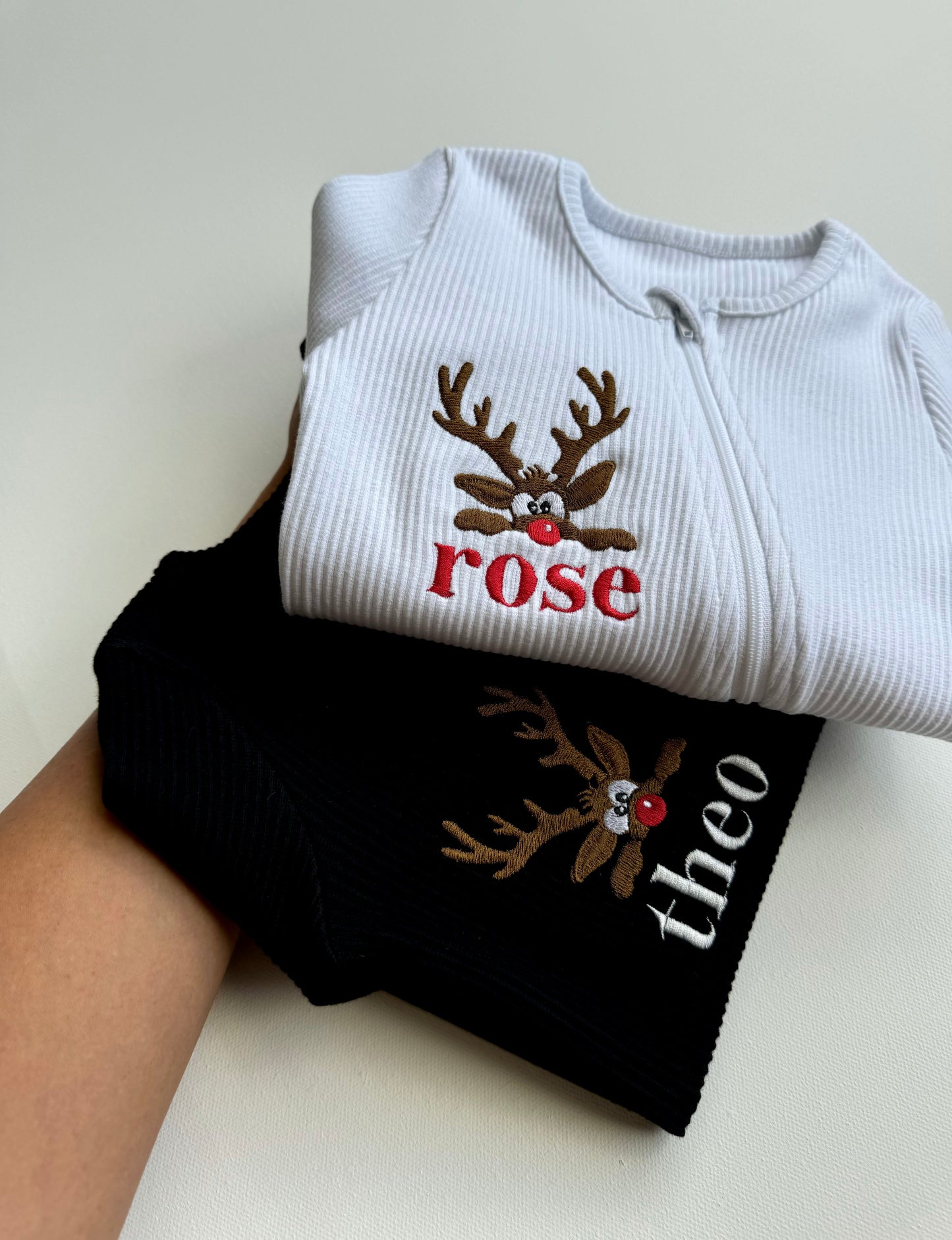 Luxury Christmas Reindeer Zip Sleepsuit for Infants by DreamBuy, featuring soft ribbed cotton, embroidered reindeer design, and personalisation option for a charming holiday look.