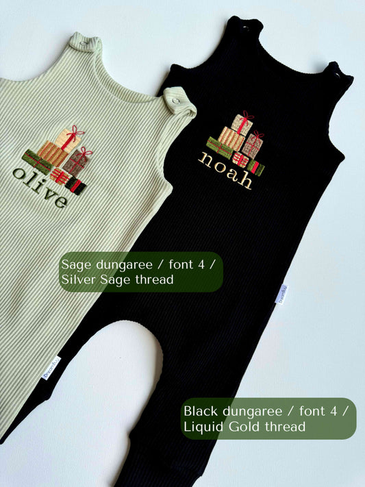 Personalized Christmas Gift Box Dungarees for Baby by DreamBuy, featuring an elegant design perfect for baby's first festive season.