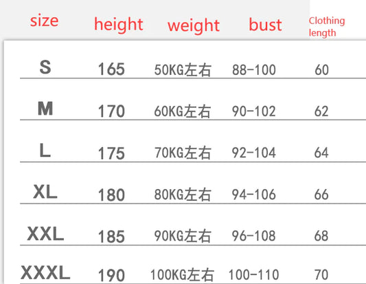 Size chart for Luxury Black Compress Tee, detailing measurements for optimal fit, including height, weight, bust, and clothing length.