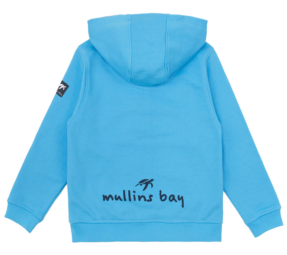 Elegant Mullins Bay Kids' Boatyard Hooded Jacket showcasing a contrast-lined hood and intricate embroidered turtle design, exemplifying fashionable comfort for children.