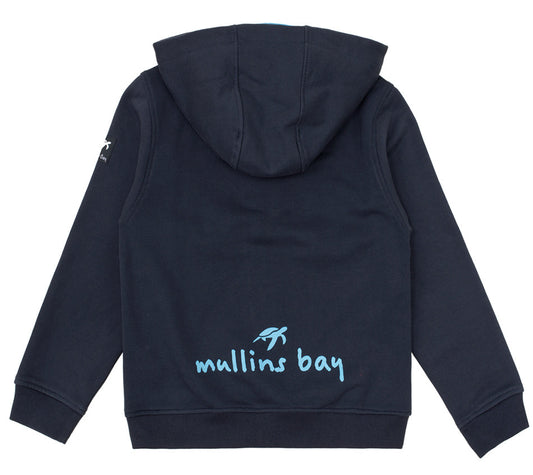 Elegant close-up of the Children's Cotton Boatyard Button-Up Hoodie showcasing the contrast colour inside the hood and the high-quality embroidered Mullins turtle logo.