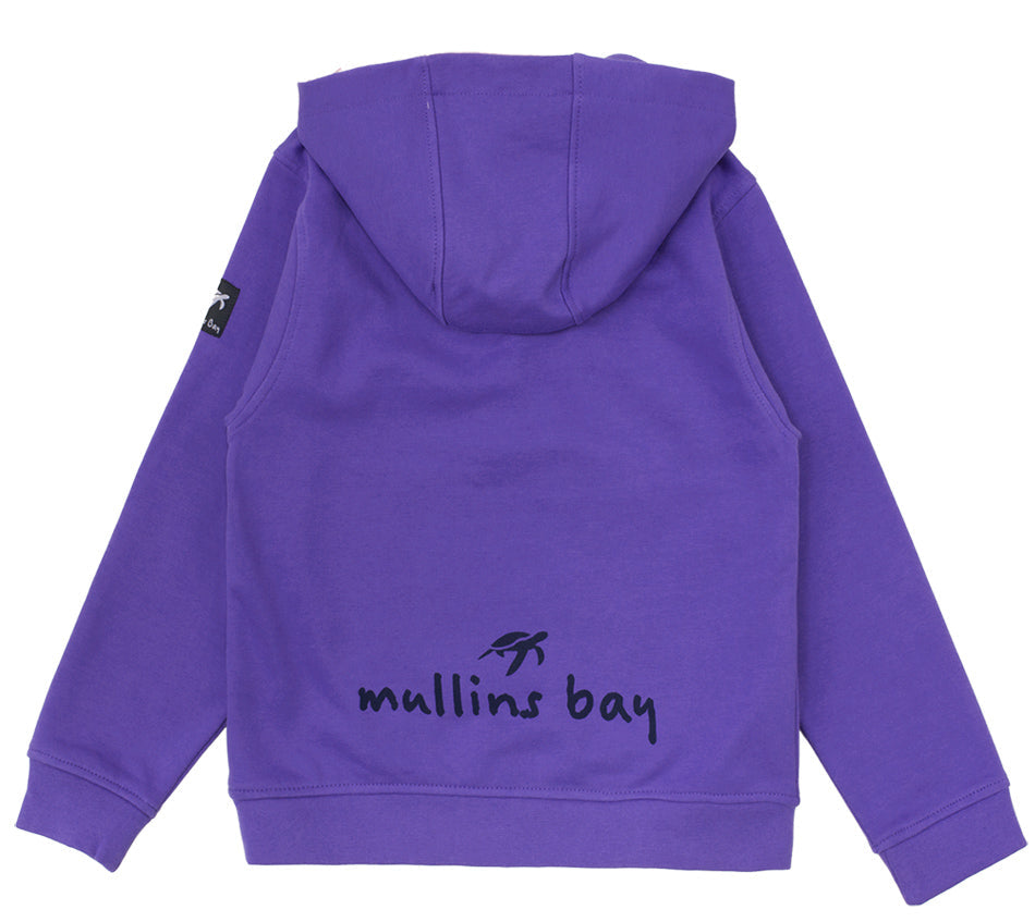 Close-up view of the beautiful Indigo Haze fabric of the Children's Boatyard Button-Up Hooded Sweatshirt, showcasing its soft lining and upscale detailing for comfort and style.