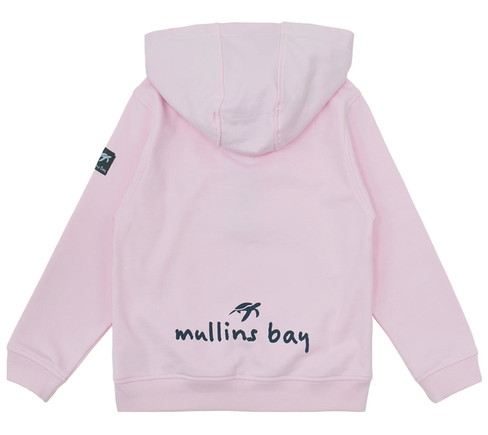 Chic detail of the Mullins Bay children's sweatshirt showcasing the elegant turtle print on the back hem and embroidered logo on the left chest.