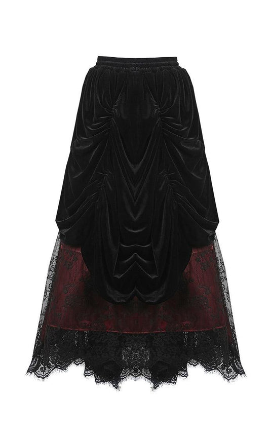 Close-up of the Arabella Red Maxi Skirt showcasing intricate lace and velvet textures, designed for comfort and style in UK sizes 8-16.