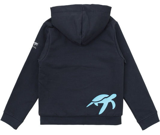 Elegant children's hooded jacket with front pockets and ribbed cuffs, designed in soft cotton with premium comfort for chilly days, showcasing the exclusive Mullins Bay turtle print.