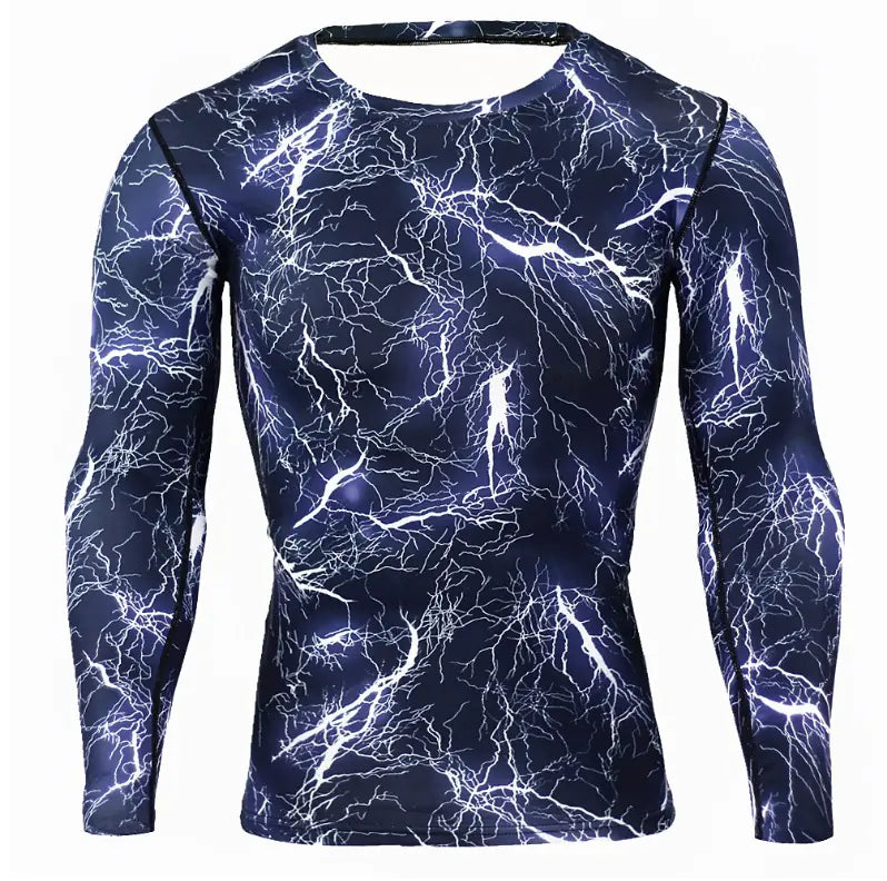 Elegant long sleeve activewear shirt for men, showcasing a bold lightning pattern, combining functionality and sophistication.