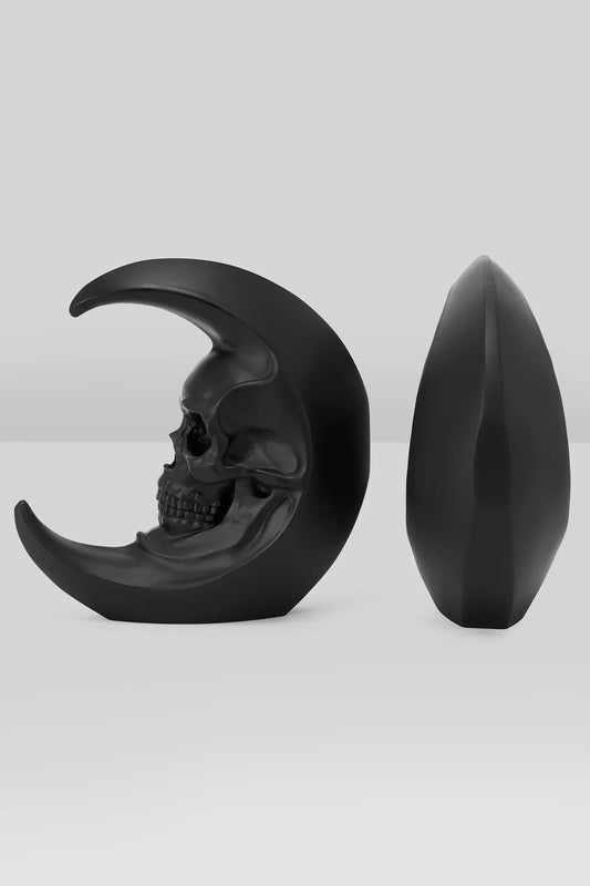Detailed view of KILLSTAR Luna Morte Skull Moon Bookends, featuring exquisite craftsmanship in black resin, ideal for enhancing any dark-themed library or altar.