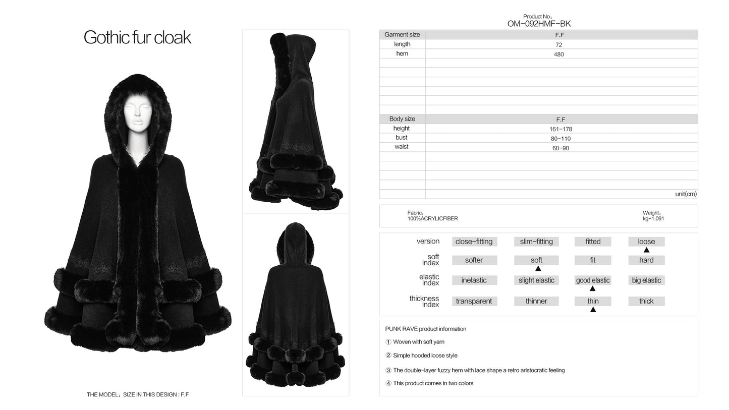 Luxurious Punk Rave Elvira Gothic Cloak with Faux Fur Trim and Oversized Hood, ideal for winter fashion and gothic styling. Elegant black cape draped gracefully, showcasing plush faux fur and intricate lace accents, perfect for dramatic occasions.