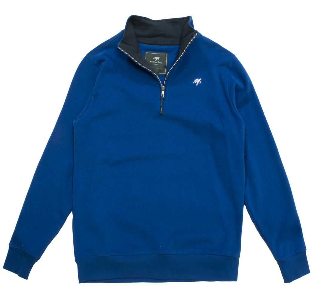 Luxury unisex electric blue sweatshirt from Mullins Bay Clothing, crafted from 100% soft cotton with ribbed cuffs and an intricately embroidered logo, perfect for stylish comfort.
