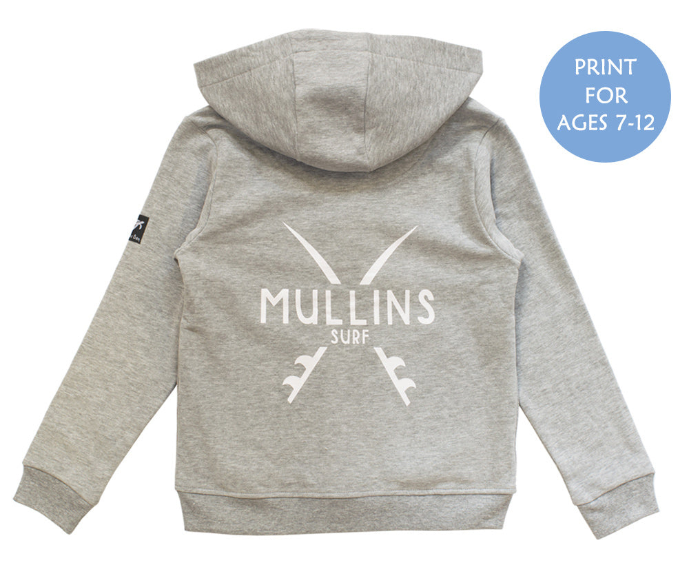 Stylish kids' grey hooded jacket with a printed back design and branded zip pull, combining sophistication with practicality for young adventurers.