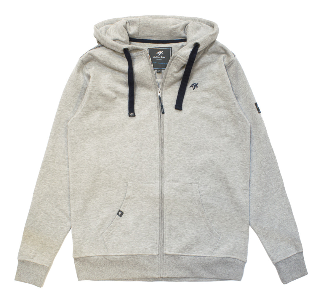 Luxury unisex full zip hoodie in grey with adjustable drawcords, made from 100% soft cotton, featuring front pockets and an embroidered Mullins turtle logo, perfect for a stylish and comfortable off-duty look.