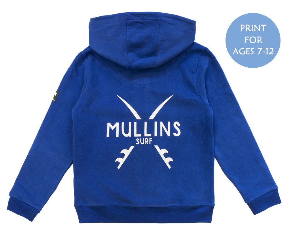 Stylish children's hoodie with a vibrant electric blue finish and unique printed back design, offering warmth and sophistication for ages 1-2 to 11-12.