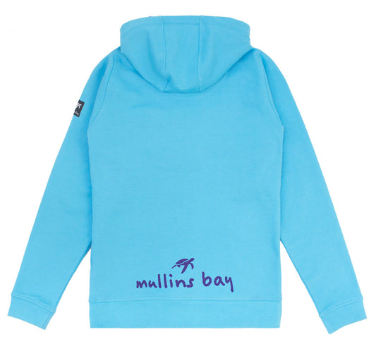 Detailed view of the luxurious soft cotton fabric and ribbed cuffs of the ladies boatyard hoodie, showcasing its comfort and signature Mullins Bay turtle logo.