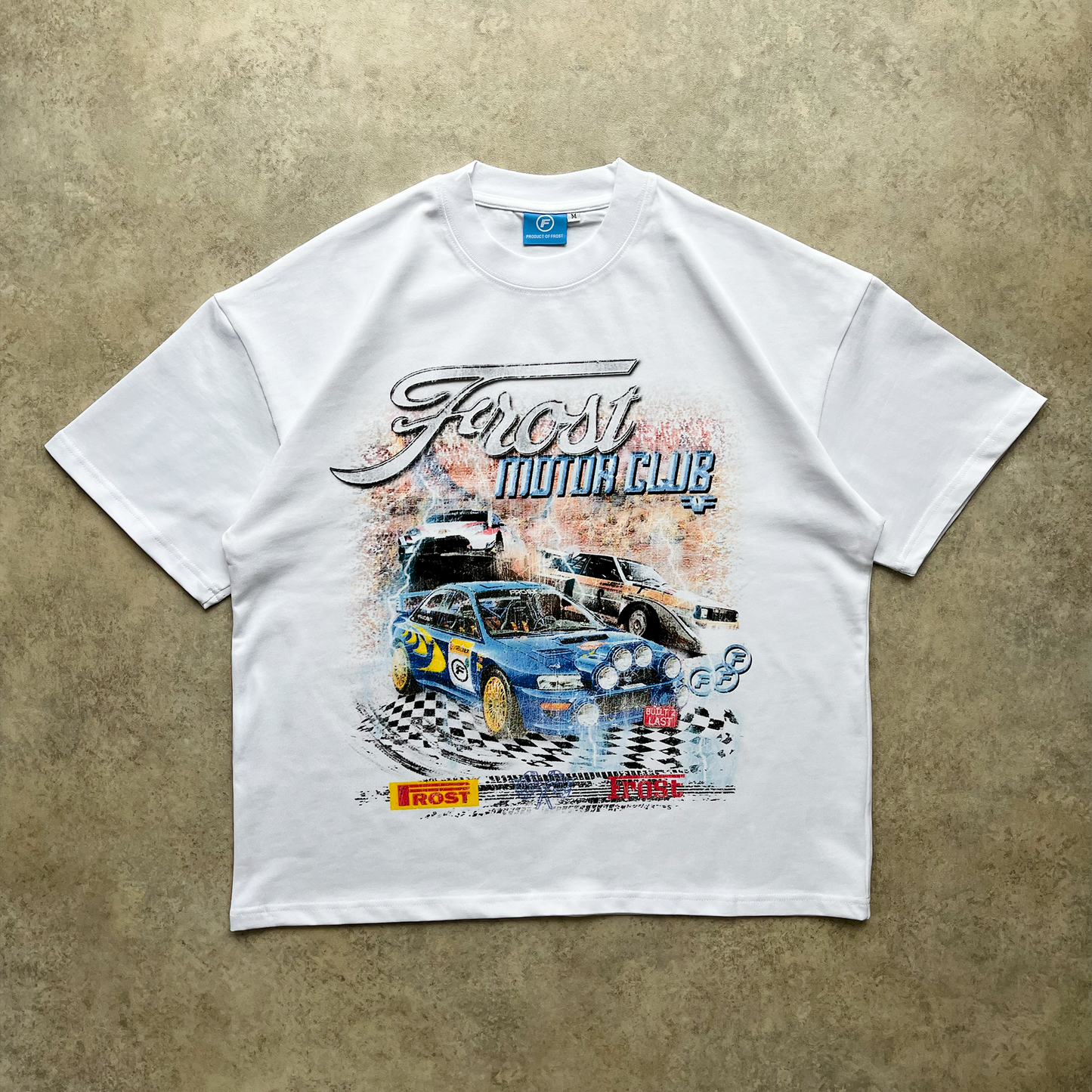 Close-up of the FROST Motor Club Tee showcasing the bold DTG print of the iconic Subaru Impreza WRX, highlighted against the soft structure of premium 305GSM cotton, designed for both comfort and style in streetwear.