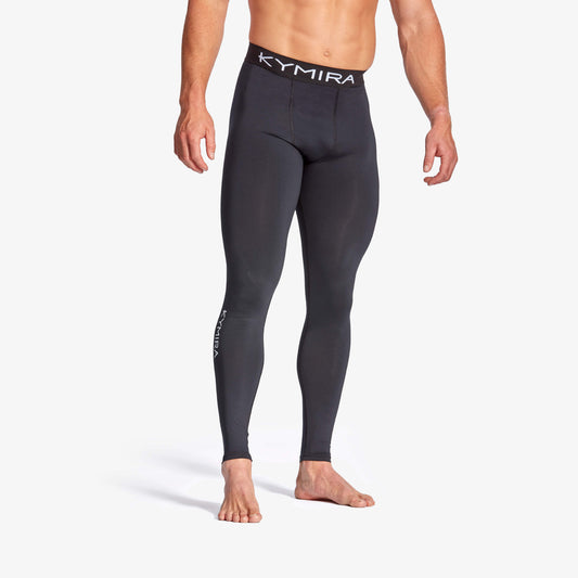 Close-up of KYMIRA Men's Infrared Performance Leggings featuring seamless gussets and flatlock stitching for enhanced support and flexibility.