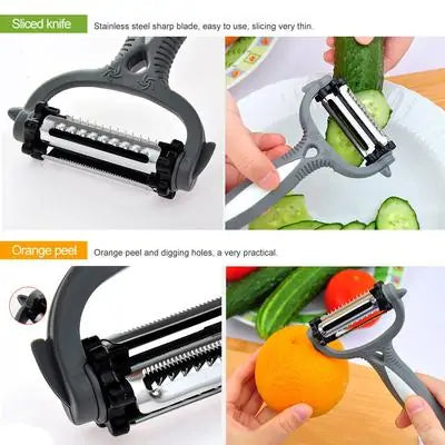Stainless steel rotary peeler showcasing its essential features: slicing cucumbers, peeling oranges, and showcasing its sharp blade for intricate tasks.
