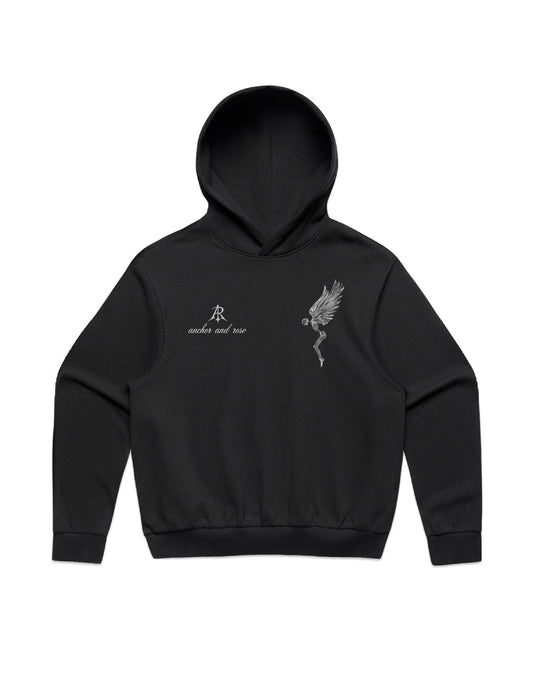 Elegant display of the Fallen Angel Box Minus Hoodie in premium CVC fleece, designed for comfort and sophistication by Anchor and Rose Apparel.