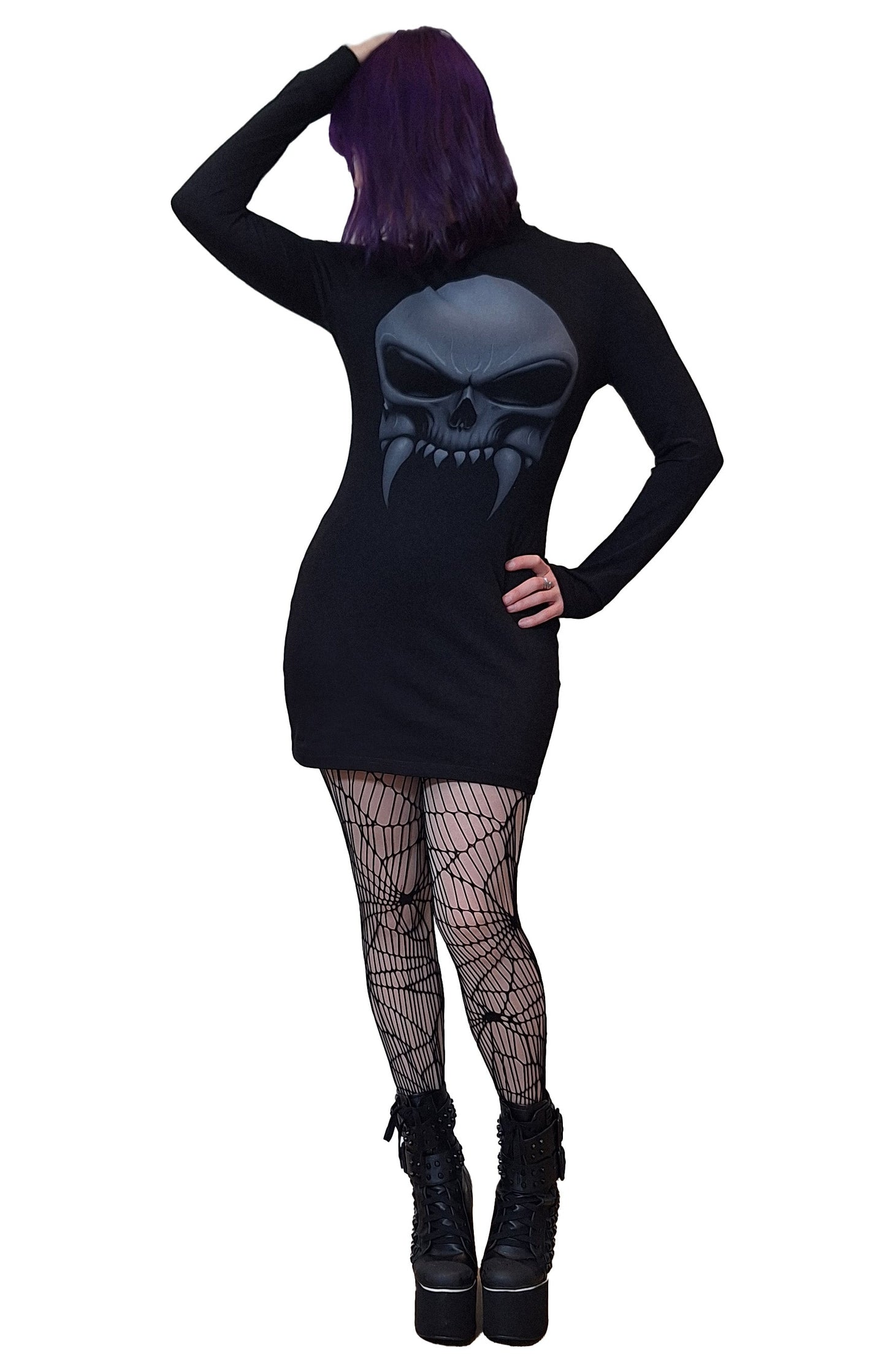 Detail shot of the sultry Necessary Evil Athena Mini Dress showcasing the unique grey vampire skull pattern, ideal for creating a bold gothic look with elegant flair.