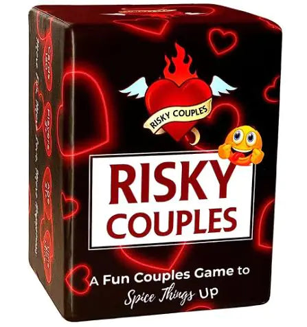 Risky Couples Card Game box showcasing a romantic heart theme with flirty graphics, perfect for enhancing intimacy during date nights. A Fun Couples Game to Spice Things Up.