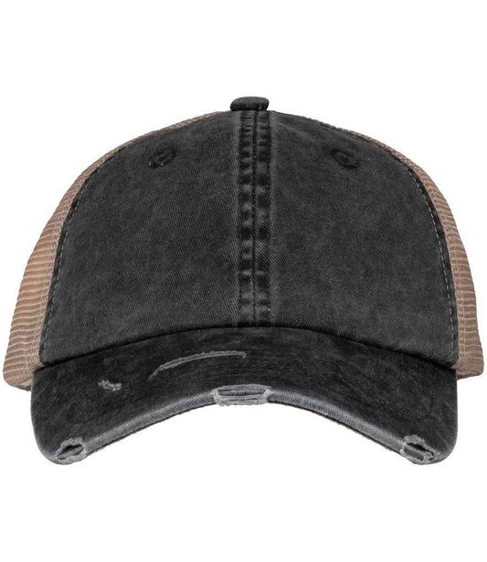 Close-up view of the premium washed ripped trucker cap showcasing its unique faded look and adjustable strap, made with sustainable materials for a modern luxury accessory.