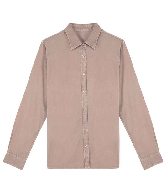 Elegant straight fit design of an organic cotton long sleeve shirt, highlighting the softness and sustainability of combed cotton.