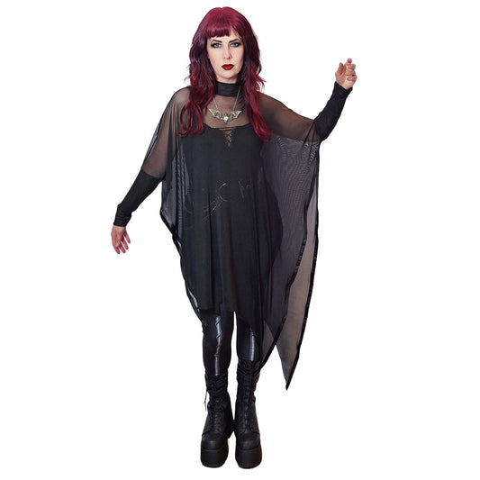 Elegant Necessary Evil Anahita Sheer Black Mesh Layer Dress showcasing ethereal gothic style, perfect for layering.