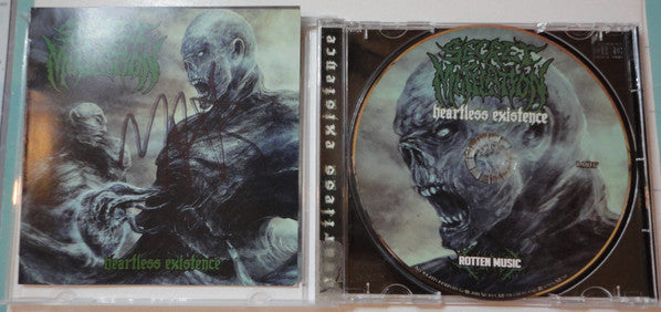 Elegant design of 'Heartless Existence' CD by Secret Mutilation, released under Rancid Offal Records, showcasing a captivating death metal aesthetic.