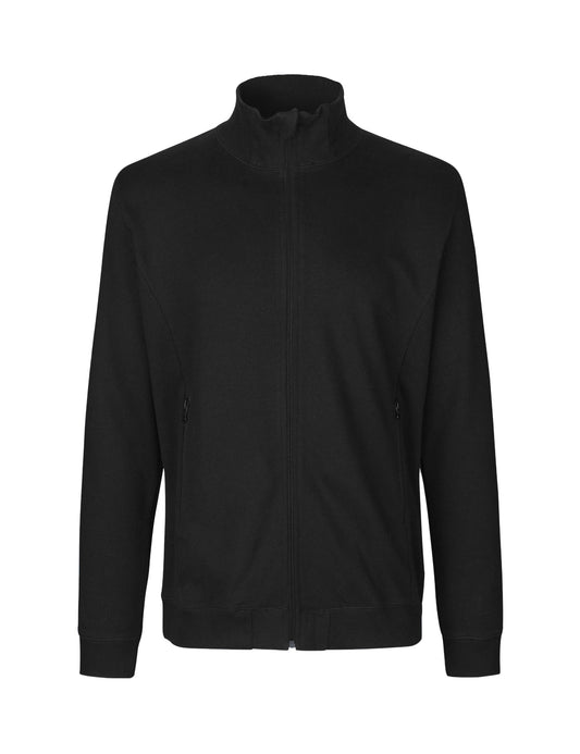 Front view of the unisex Fairtrade Organic Cotton High Neck Jacket, featuring a stylish reversed YKK zipper and sustainable materials.