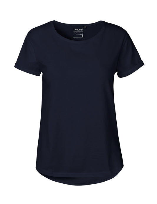 Versatile and stylish Fairtrade Organic Cotton T-Shirt for Women featuring trendy roll-up sleeves, perfect for effortless layering.