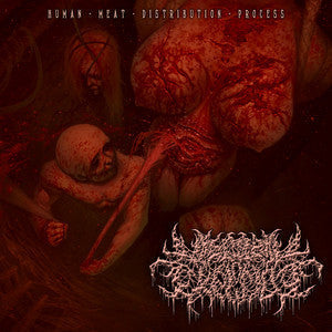 Album cover art for 'Human Meat Distribution Process' by Visceral Explosion, released by Rancid Offal Records, showcasing striking and dark visuals that embody the essence of extreme death metal.