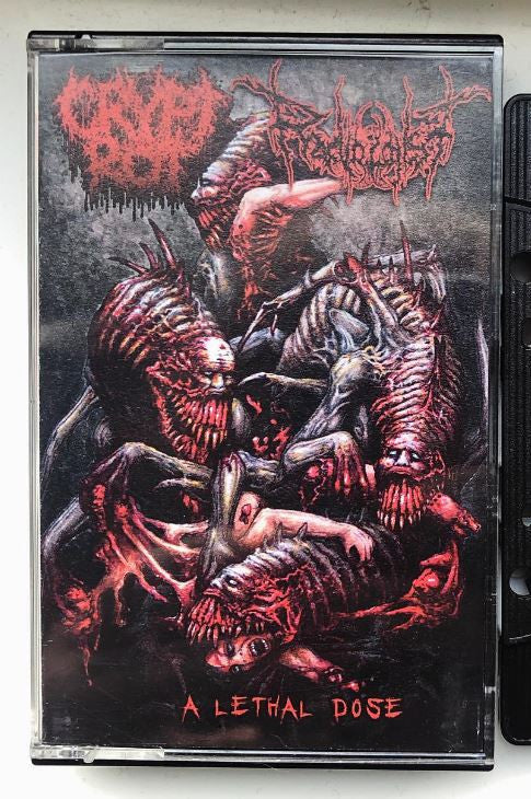 Official album cover of 'A Lethal Dose' by Crypt Rot and Radiologist, released by Rancid Offal Records, featuring dark and compelling art typical of the Death Metal genre.