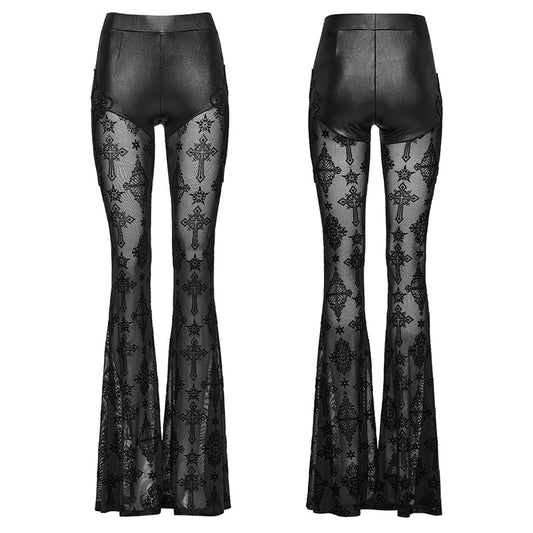 Gothic Punk Rave Seraphina Cross Flocking Flare Pants showcasing intricate cross-patterned flocking design on sheer mesh with glossy leather detailing, epitomising dark romance and rebellious flair.