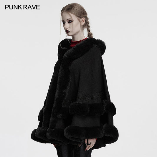 Dramatic look of a Punk Rave Elvira Gothic Cloak detailed with plush lace accents and warm acrylic fabric, ideal for outdoor events and evening wear.