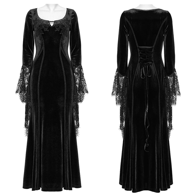 Full-length image of the Punk Rave Isolde Black Velvet Lace Sleeve Dress, perfect for alternative fashion enthusiasts and dark romantic styles.