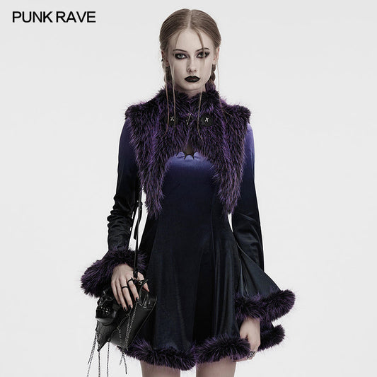 Punk Rave Lilith Gradient Faux Fur Shawl in rich violet, showcasing a luxurious dual-tone design with a stand-up collar for elegance.