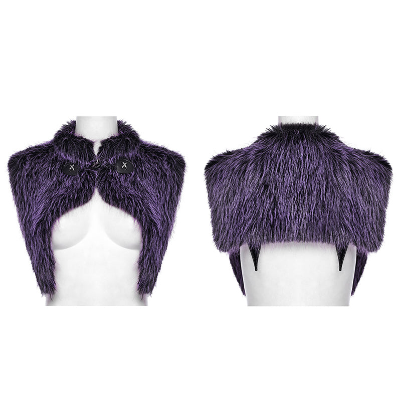 Stylish arrangement of the Punk Rave Lilith Gradient Faux Fur Shawl in violet, ideal for layering over dark fantasy and gothic outfits.