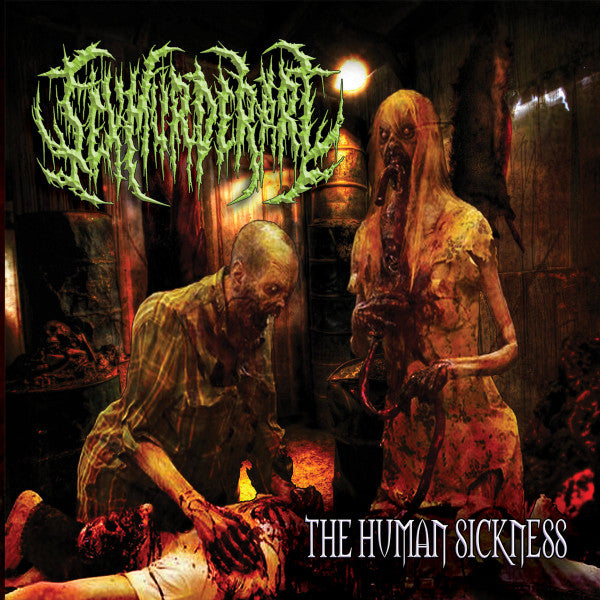 Official CD cover art for 'The Human Sickness' by Sex Murder Art, released by Rancid Offal Records, featuring dark and striking visuals that reflect the death metal genre.