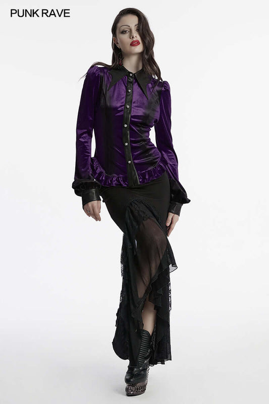 Close-up view of intricate carved floral patterns on the velvet fabric of the Punk Rave violet shirt, showcasing luxurious texture and design.