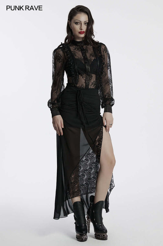 Close-up view of the intricate lace detailing and rose mesh fabric of the Punk Rave Padme Shirt, embodying elegance and modern punk fashion.