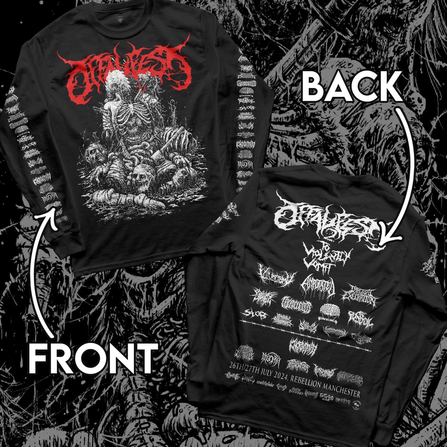 Exclusive Offal Fest 2024 Longsleeve by Rancid Offal Records featuring a striking design on the front and festival lineup on the reverse, showcasing premium artistry by T-Six Illustrations.
