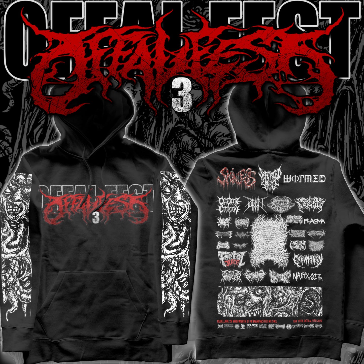 Luxurious Offal Fest 2025 Hoodie by Rancid Offal Records featuring a striking brutal design on the front and an exclusive lineup printed on the back, perfect for music festival enthusiasts.