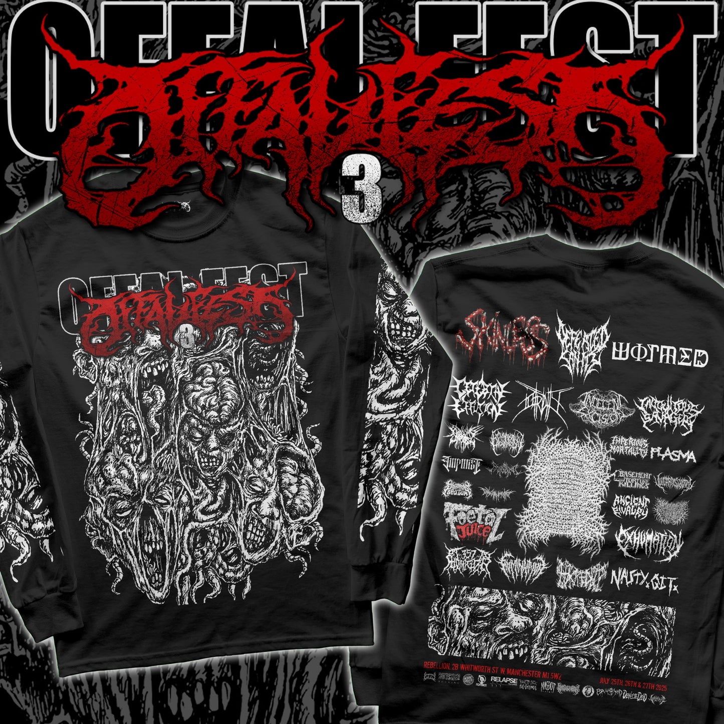 Luxury Offal Fest 2025 Longsleeve featuring a striking design and the complete lineup on the back by Rancid Offal Records.