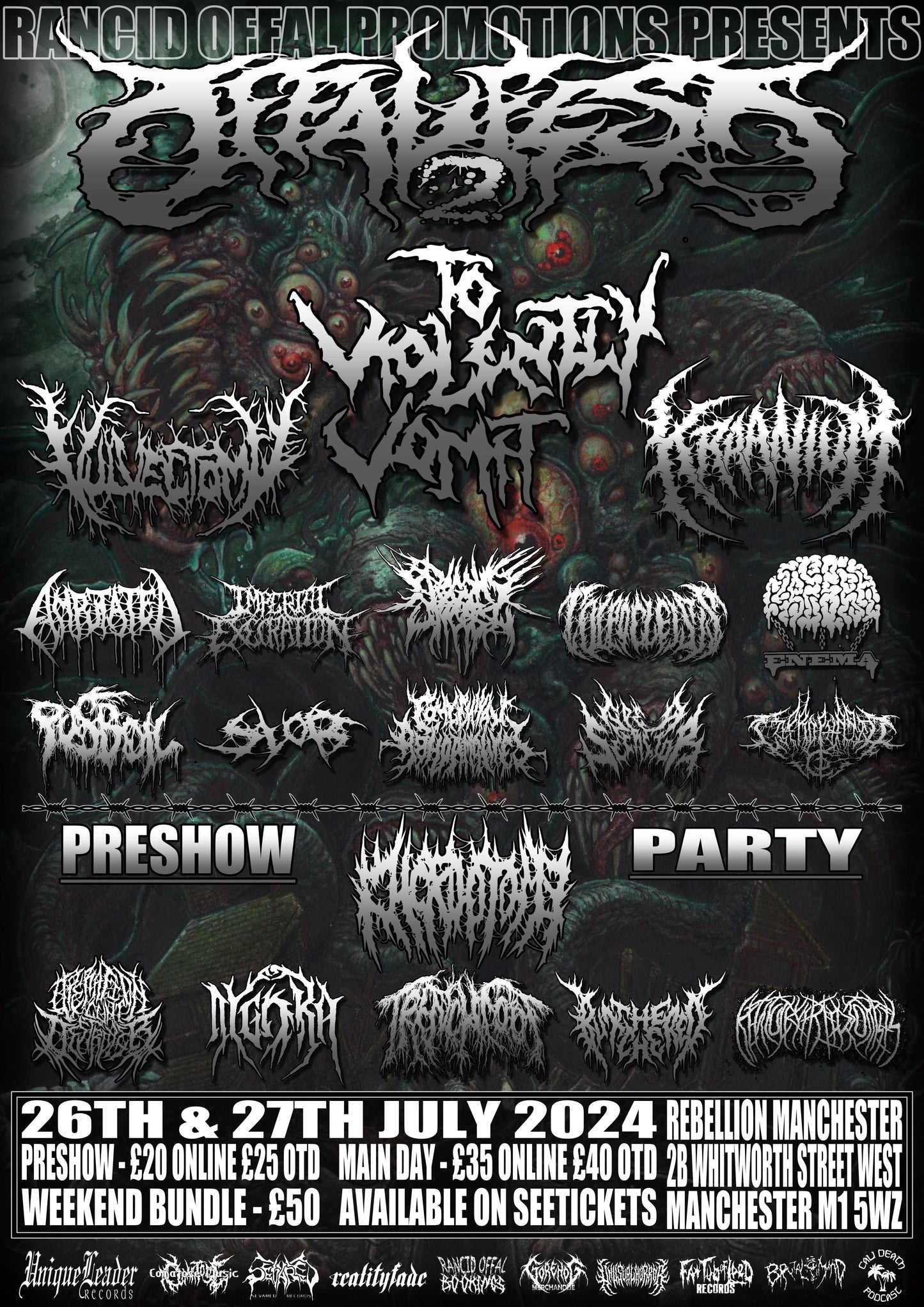 Elegant Offal Fest 2024 A3 Poster from Rancid Offal Records, showcasing vibrant colors and unique design for a premium musical event.