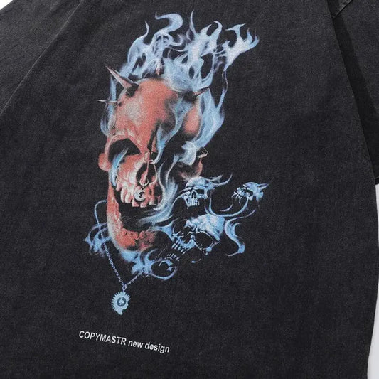 Detailed view of the striking graphic design on the Punished Men's Graphic Tee, featuring a bold skull motif that embodies courage and endurance.