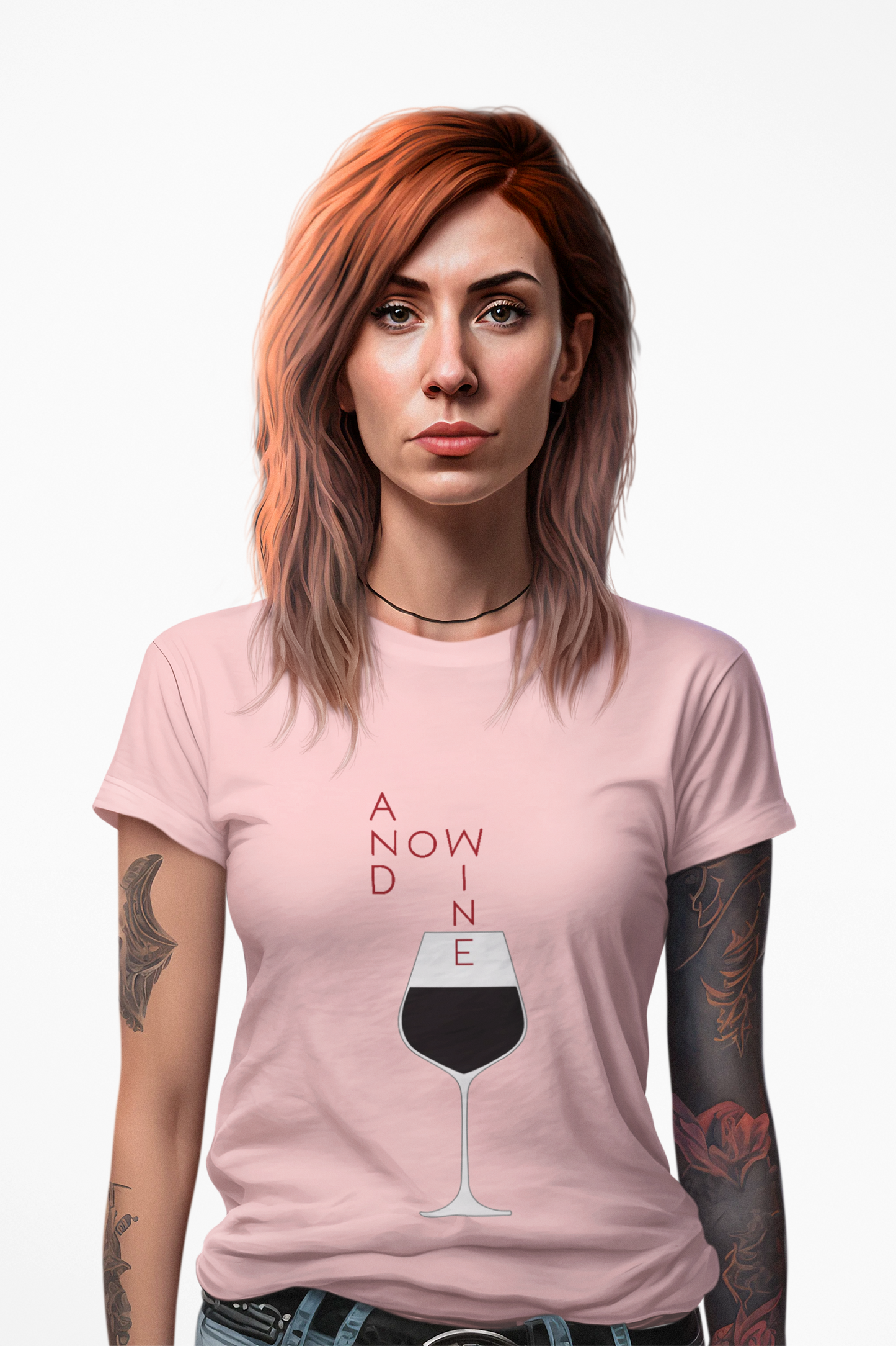 A chic model wearing a pink Funny Wine Lover Women's T-Shirt adorned with the phrase 'And Now Wine' alongside an artistic wine glass illustration. A sophisticated choice for wine lovers seeking a blend of fun and style.