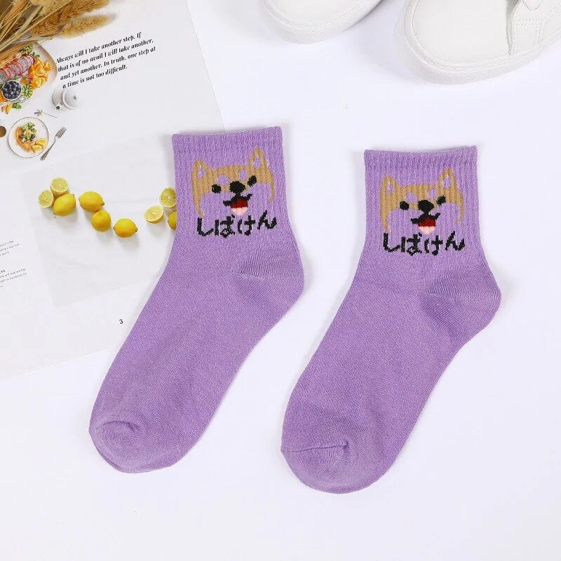 Stylish Hip Hop Long Socks for Women & Girls in a soft lavender shade, adorned with a cheerful Shiba Inu graphic, offering a blend of cotton and polyester for comfort and a chic fashion statement.