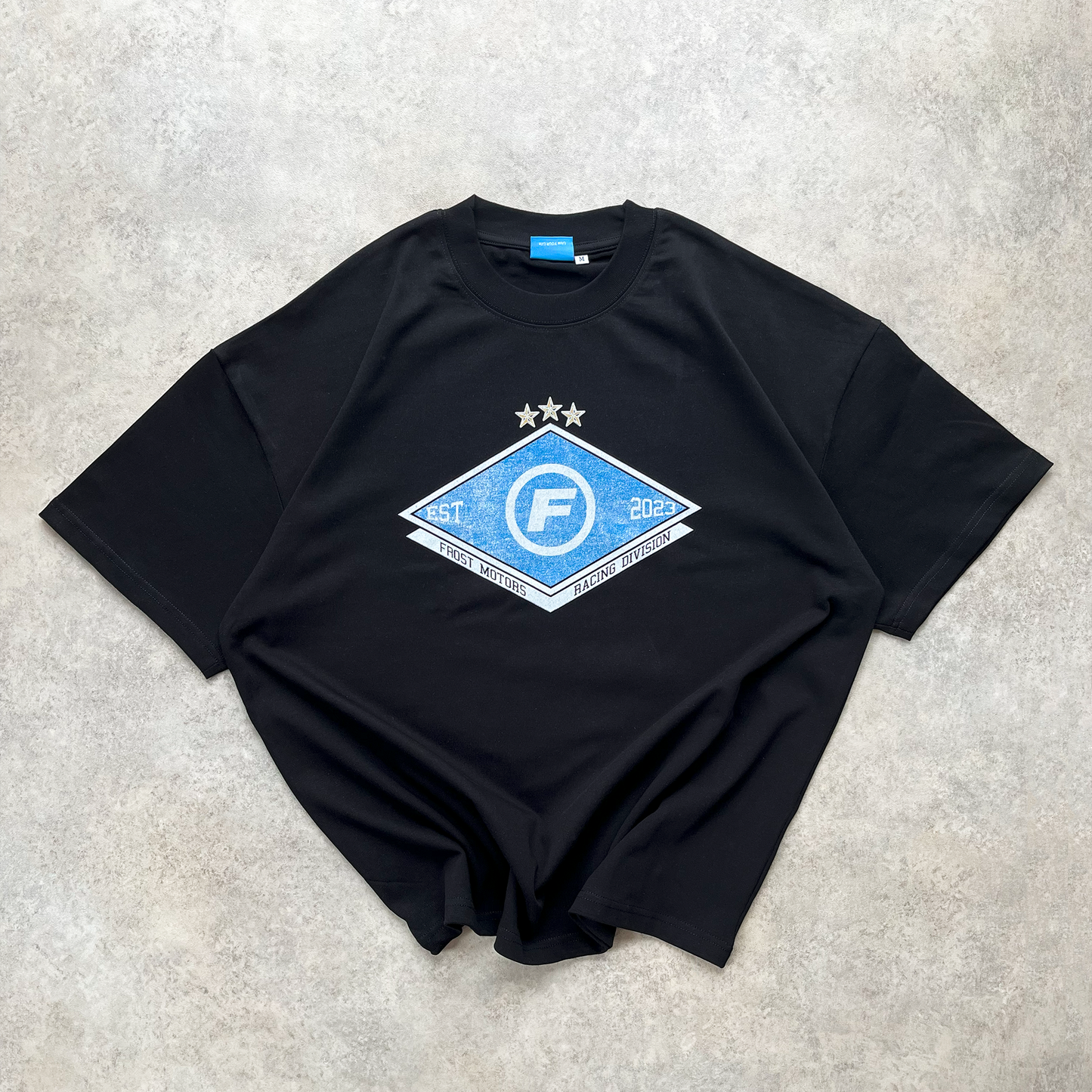 Frost Racing Division Tee in Jet Black, showcasing a vintage motorsport design with oversized boxy fit and premium 305GSM cotton, perfect for both on-track and off-track style.