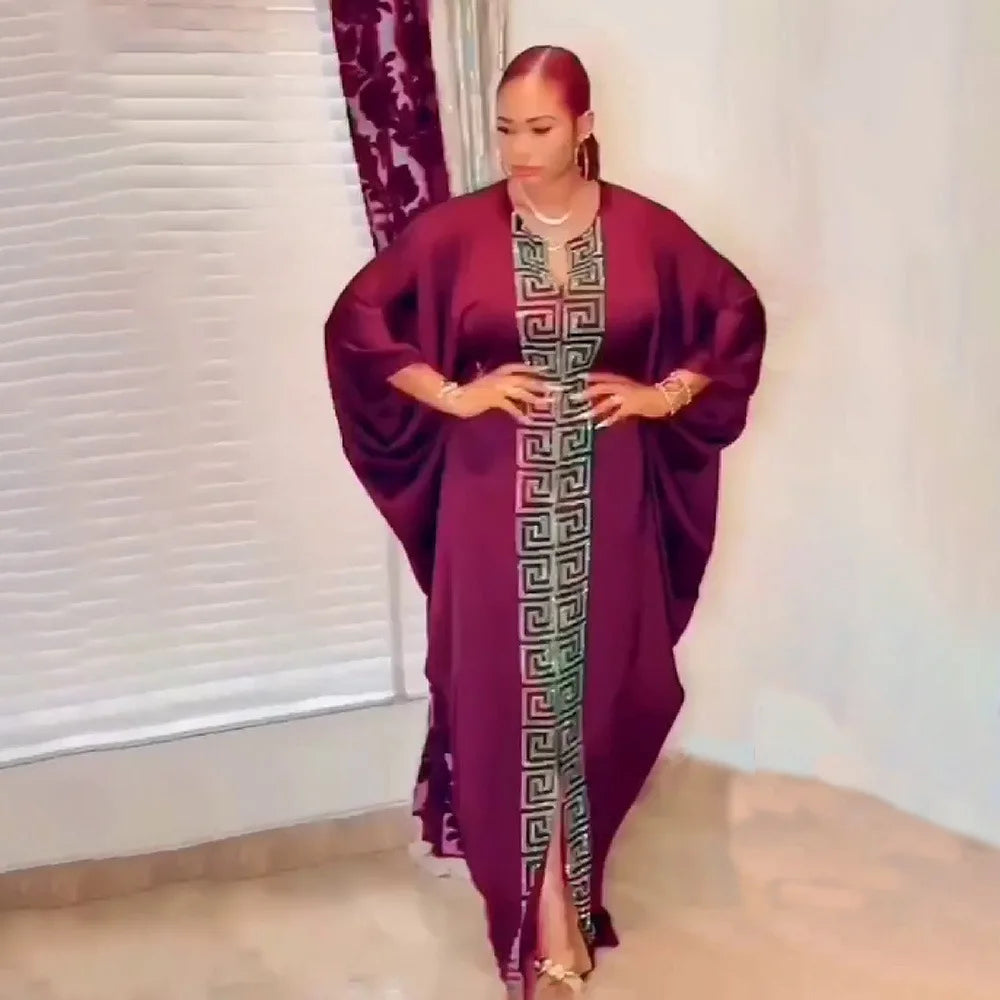 Elegant Plus Size African Women Bat Sleeve V Neck Maxi Dress adorned with diamond detail, perfect for Muslim style and traditional occasions.